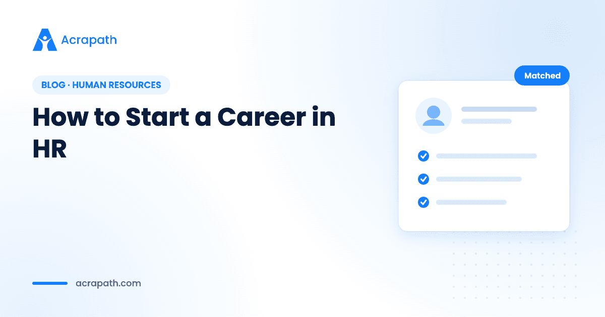 Acrapath blog cover with a profile card for a guide on starting a career in human resources