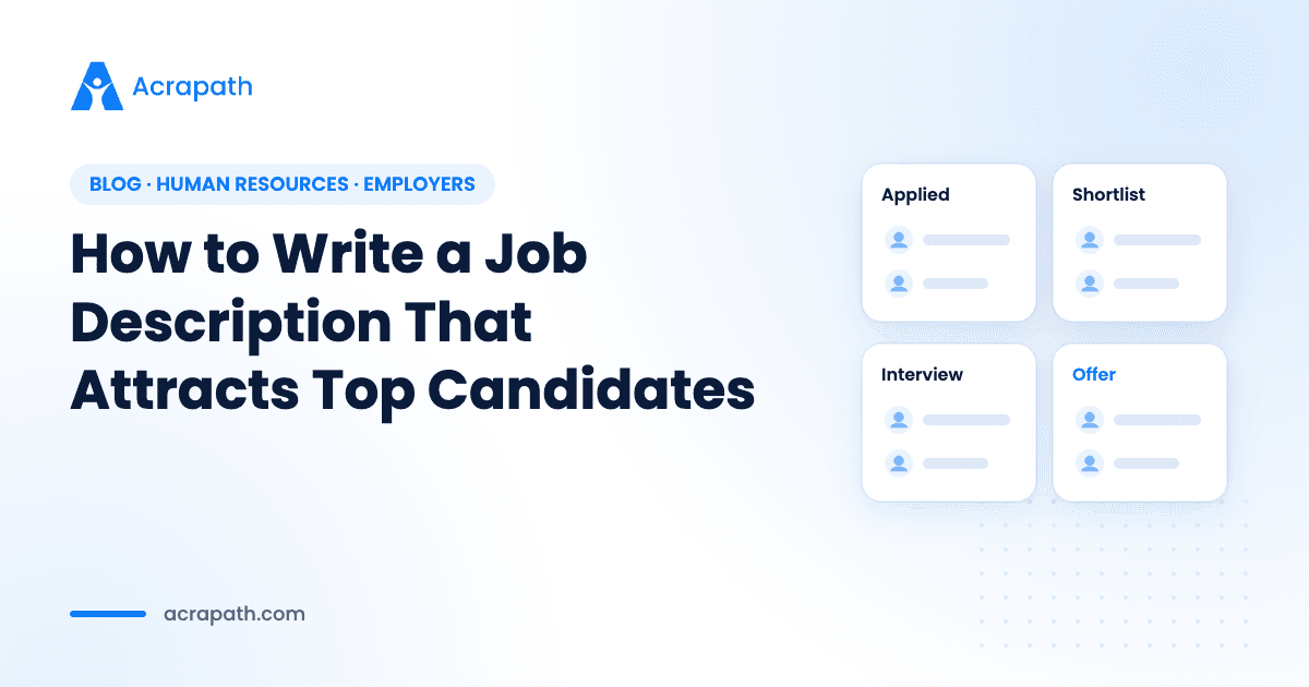 Acrapath employer blog cover for writing job descriptions with a hiring pipeline board